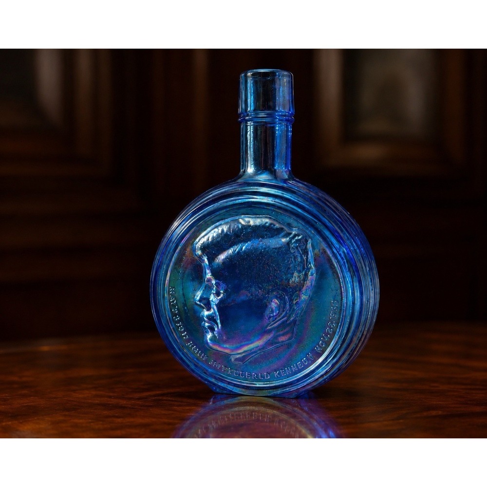 1971 Wheaton First Edition JFK Presidential Blue Carnival Glass Decanter Bottle